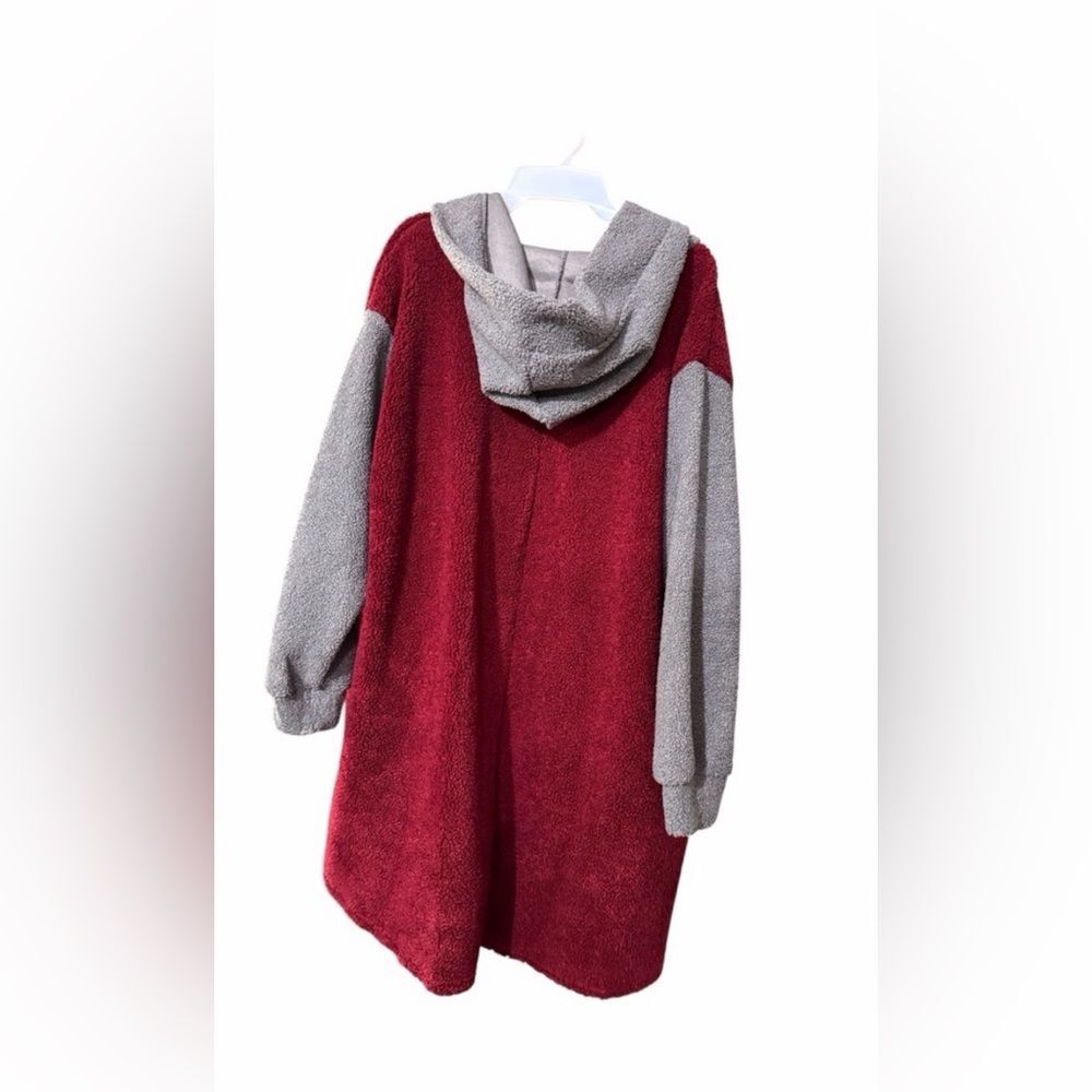 Red and Gray Hooded Fuzzy Cardigan with Buttons 1X - Picture 2 of 3